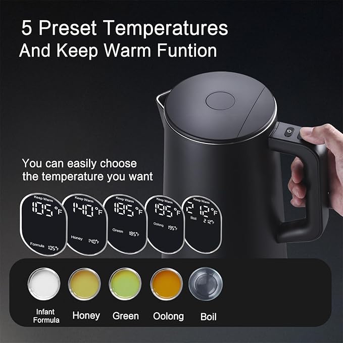 1.5L Electric Kettle Stainless Steel, Double Wall Cool Touch Teapot, Fast Boil,5 Temperature Control, LED Display, Auto Shut-Off, BPA-Free,Keep Warm Function, Ideal for Tea & Coffee,Black - Bloomnest
