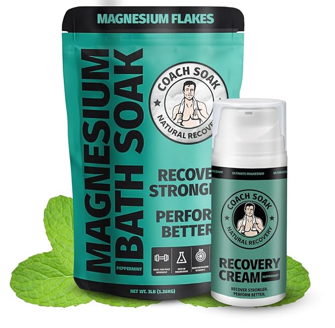 Coach Soak Recovery Bath Soak & Cream - Alternative to Epsom Salt Bath Soak - Fast-Absorbing Pure Magnesium Flakes with 21 Minerals, Bath Salts & Essential Oils - 2 Pack - Cooling Peppermint - Bloomnest