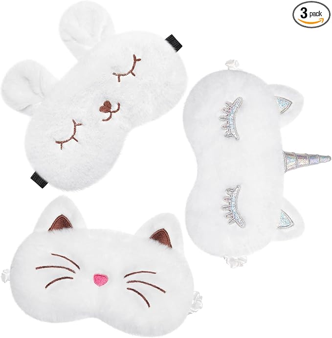 3 Pieces Sleep Mask for Kids, Girls Plush Sleeping Eye Cover Soft Eye Blindfold Cover Animal Shade for Kids(White,Bunny, Cat and Unicorn Style) - Bloomnest
