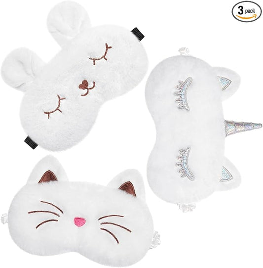 3 Pieces Sleep Mask for Kids, Girls Plush Sleeping Eye Cover Soft Eye Blindfold Cover Animal Shade for Kids(White,Bunny, Cat and Unicorn Style) - Bloomnest