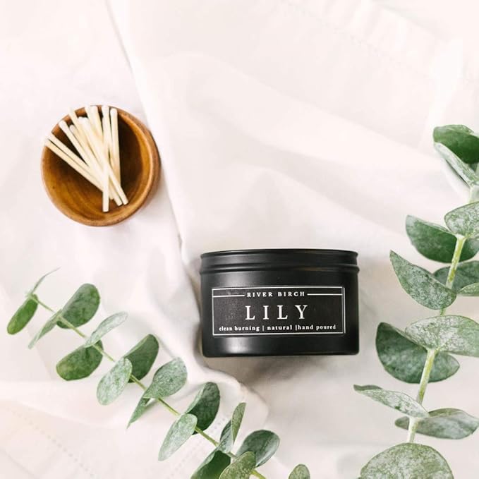 River Birch Candles Lily Scented Candle | Premium, All-Natural, Non-Toxic, Soy Candles | 8 oz. Black Matte Tin Travel Candle | Cozy Relaxing Gifts for Home - Bloomnest