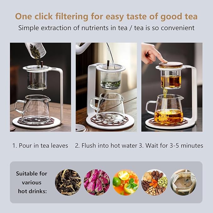 Lazy Kungfu Drip TeaPot, Heat Resistant Tea Set, Semi-Automatic Glass Teapot Suit for Magnetic Water Flow Wooden Glass Teapot Set