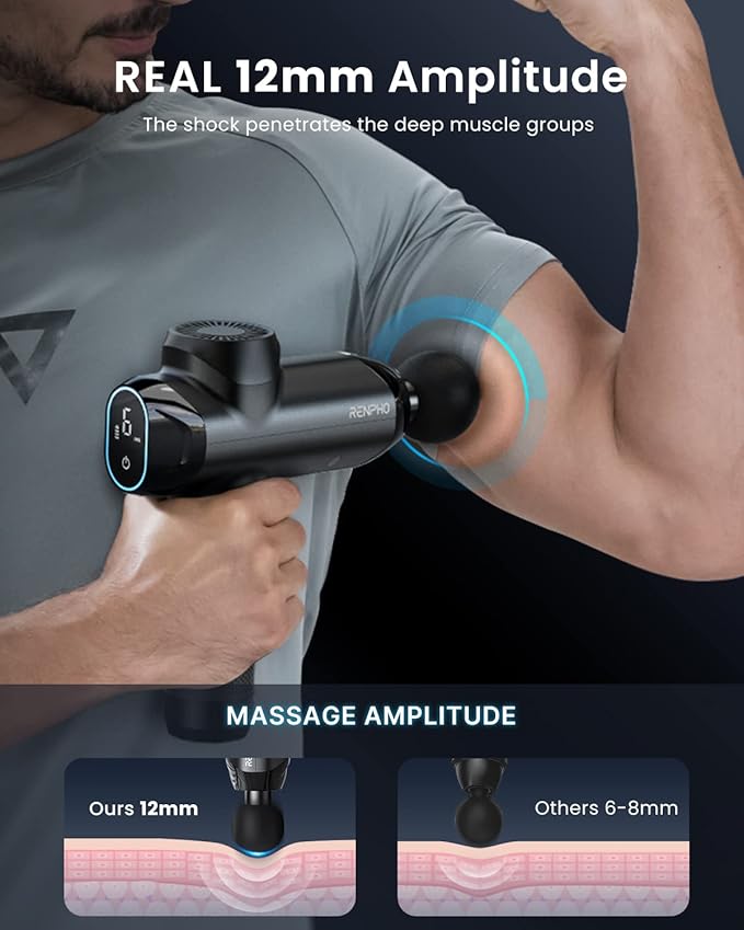 RENPHO Massage Gun Deep Tissue with 12mm Amplitude, Percussion Muscle Massage Gun, Portable Electric Handheld Massager Gun, LED Touch Display Carry Case Power - Bloomnest