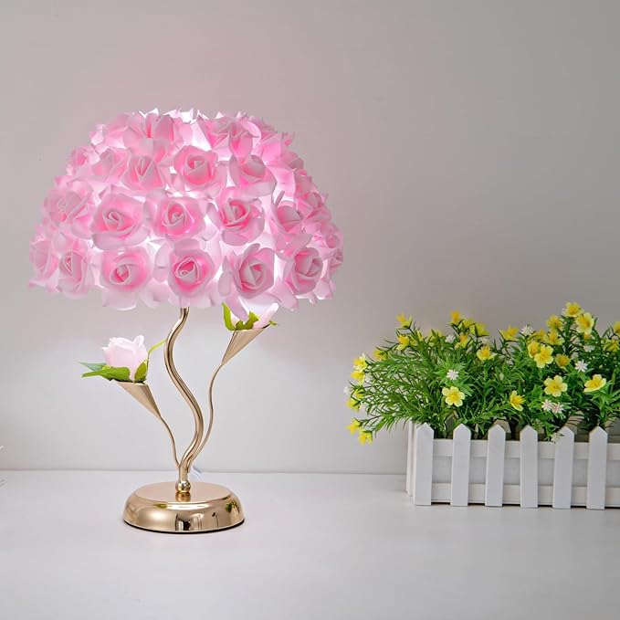 Pink Flowers Lamp Fabric Rose Table Lamp Flower Desk Lamp Creative Bedroom Nightstand Light or Wedding Decor Valentines Dating Party Livingroom Hotel Office Study Room - Bloomnest