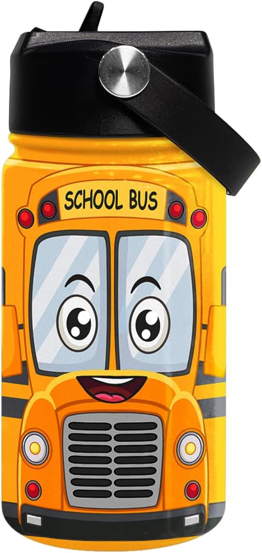 School Bus Water Bottle - Kids Water Bottle with Straw Lid - 12 Oz Insulated Stainless Steel Water Bottles for Kid Boys - Travel Cup for School Sports - Bloomnest