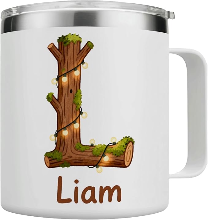 Personalized Christmas Mug with Name, 12oz Insulated Coffee Travel Mug with Handle & Lid, Rustic Custom Monogram Tumbler, Xmas Holiday Gift for Women, Her, Mom (B02) - Bloomnest