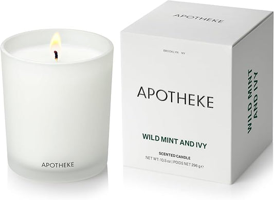 Apotheke Signature Scented Candles for Home, Wild Mint & Ivy - 10.5 oz - Soy Wax, Non Toxic, Large Jar White - Luxury Candle Gifts for Women & Men - Eucalyptus, Patchouli, Cedarwood, and Rose - Bloomnest