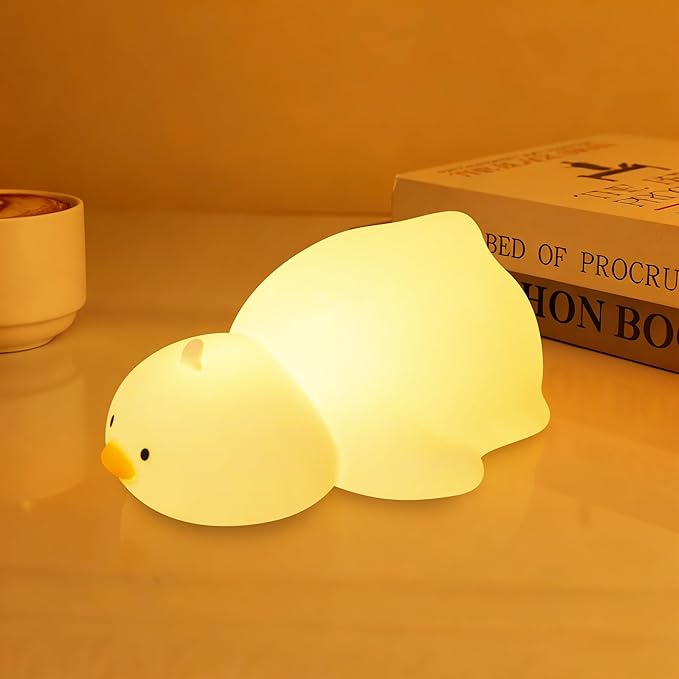 Night Light for Kids, Rechargeable Dimmable Silicone LED Nightlight with 7 Colors, Baby Nursery Night Lamp, Touch Squishy Lamp, Cute Gifts for Girls, Boys, Toddler Room Decor, Lying Duck - Bloomnest