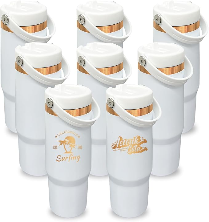 30 oz Tumbler with Handle, Double Wall Vacuum Insulated Tumblers with Flip Straw, Coffee Mug 30oz Powder Coated Cup for Hot and Cold Drinks(Copper Plated, White,8 pack)