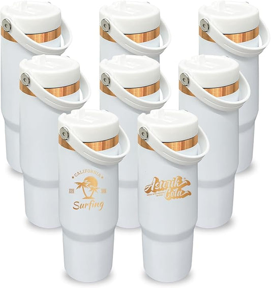 30 oz Tumbler with Handle, Double Wall Vacuum Insulated Tumblers with Flip Straw, Coffee Mug 30oz Powder Coated Cup for Hot and Cold Drinks(Copper Plated, White,8 pack)