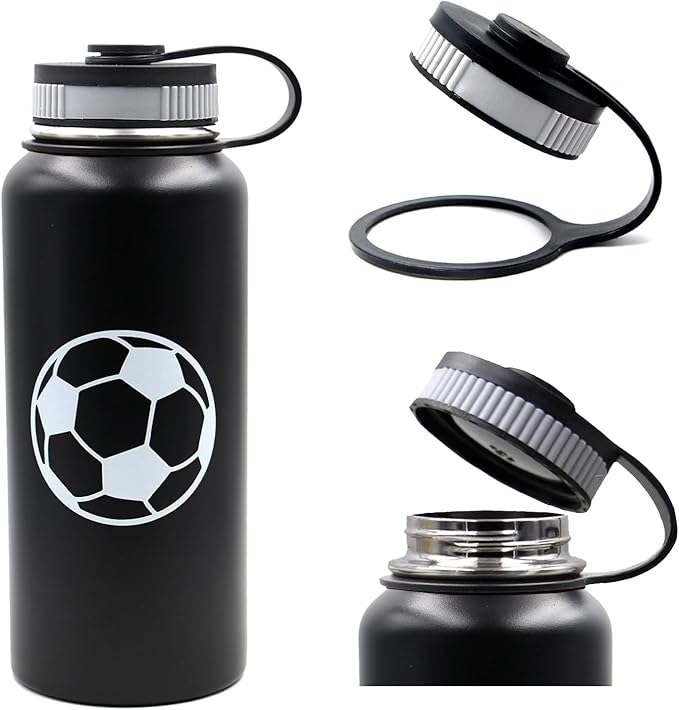 32 oz Soccer Water Bottle with Straw, Wide Mouth Sports Flask Metal Travel Tumbler with 2 Lids, Stainless Steel Double Wall Vacuum Insulated Leakproof Thermo Water Bottles, Soccer Gifts for Boys Girls - Bloomnest