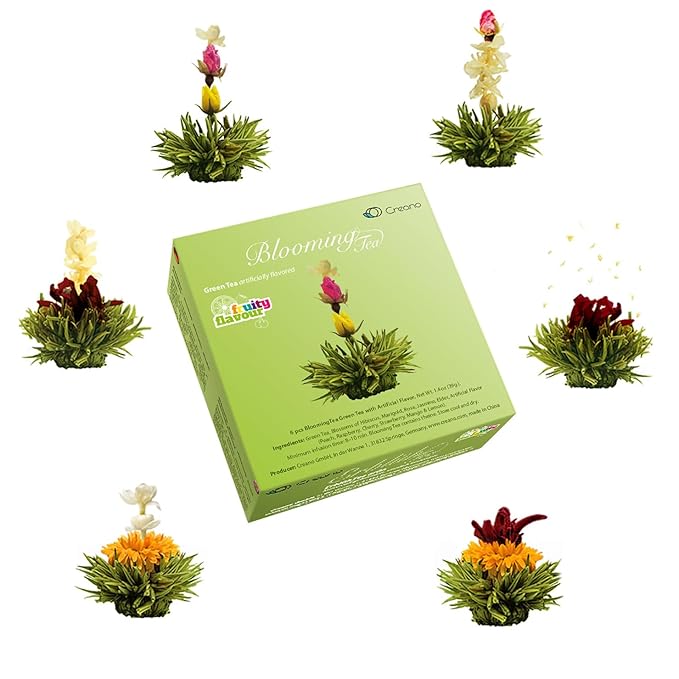Creano Blooming Tea Gift Set with Glass Teapot 17oz (500ml) - Green Tea Fruity Flavoured Tea Flowers in 6 Varieties - Flowering Tea Gift for Easter - Bloomnest
