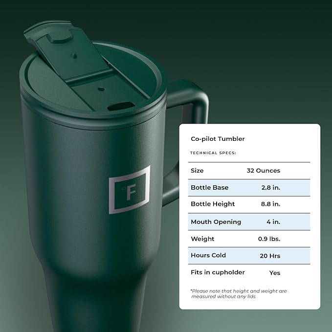 IRON °FLASK Co-Pilot Insulated Mug w/Straw & Flip Cap Lids - Cup Holder Bottle for Hot, Cold Drink - Leak-Proof - Water, Coffee Portable Travel Mug - Dark Pine, 32 Oz - Bloomnest