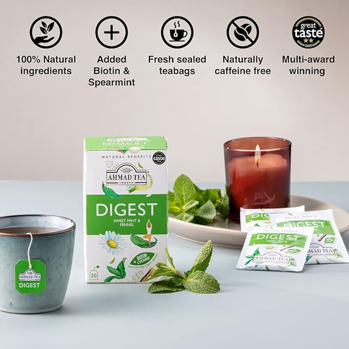 Ahmad Tea Herbal Tea, Sweet Mint, Fennel & Biotin 'Digest' Natural Benefits Teabags, 20 ct (Pack of 2) - Decaffeinated & Sugar-Free - Bloomnest
