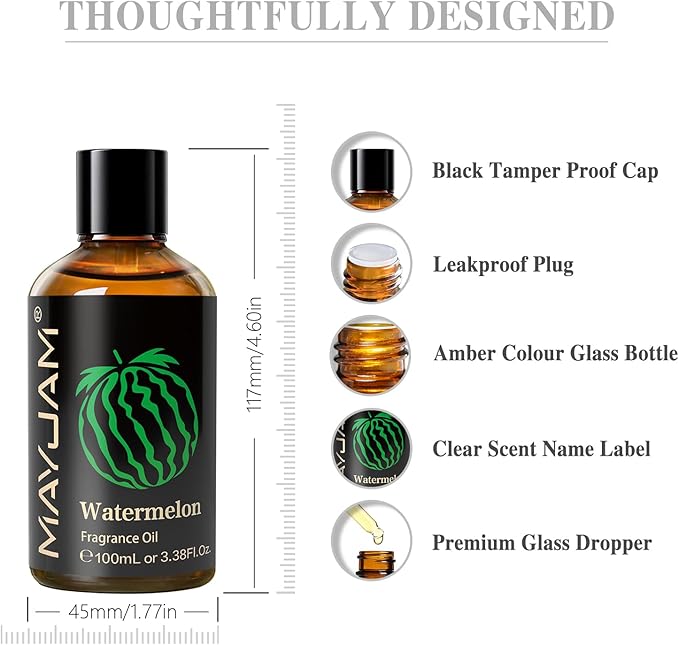 MAYJAM 100ML/3.38FL.OZ Watermelon Fragrance Oils with Glass Dropper, Essential Oils for Diffusers for Home, Long Lasting Scented Oils for Diffusers Soap Candle Making - Bloomnest