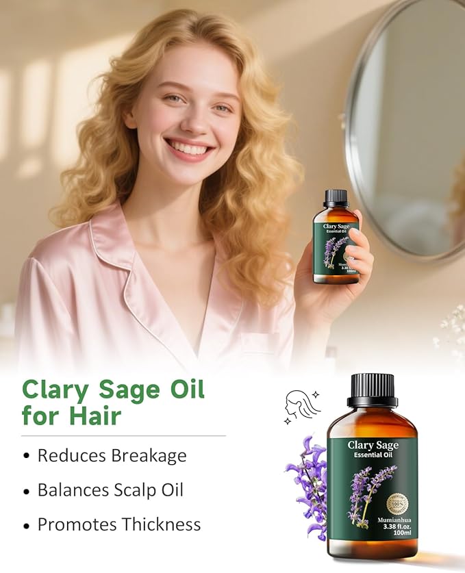 Clary Sage Essential Oil Pure, Mumianhua Natural Clary Sage Oil for Diffuser, Hair,Skin, Candle,Soap Making,Aromatherapy 3.38 Fl Oz - Bloomnest