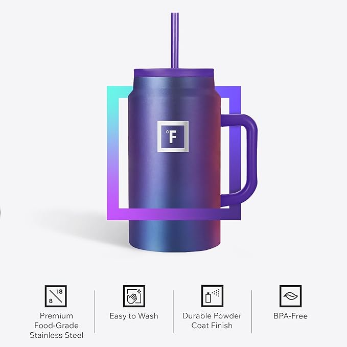 IRON °FLASK Co-Pilot Insulated Mug w/Straw & Flip Cap Lids - Cup Holder Bottle for Hot, Cold Drink - Leak-Proof - Water, Coffee Portable Travel Mug - Lavender, 50 Oz - Bloomnest