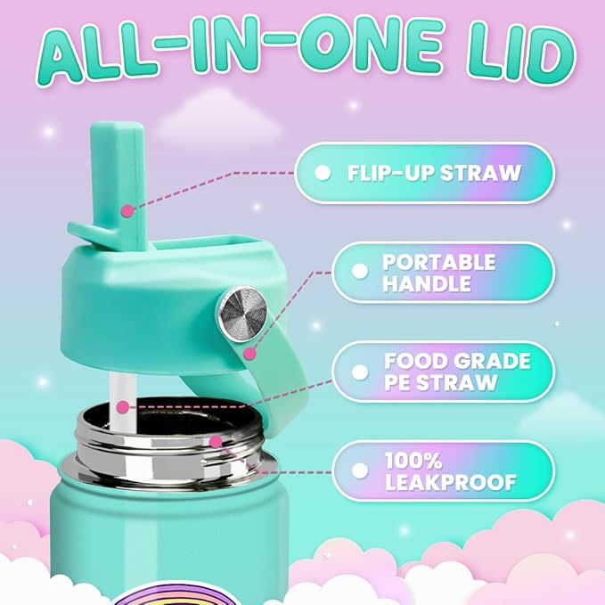 Unicorn Water Bottle - Kids Water Bottle with Straw Lid - 12 Oz Insulated Stainless Steel Ocean Water Bottles for Kid Girl- Travel Cup for School Sports - Bloomnest