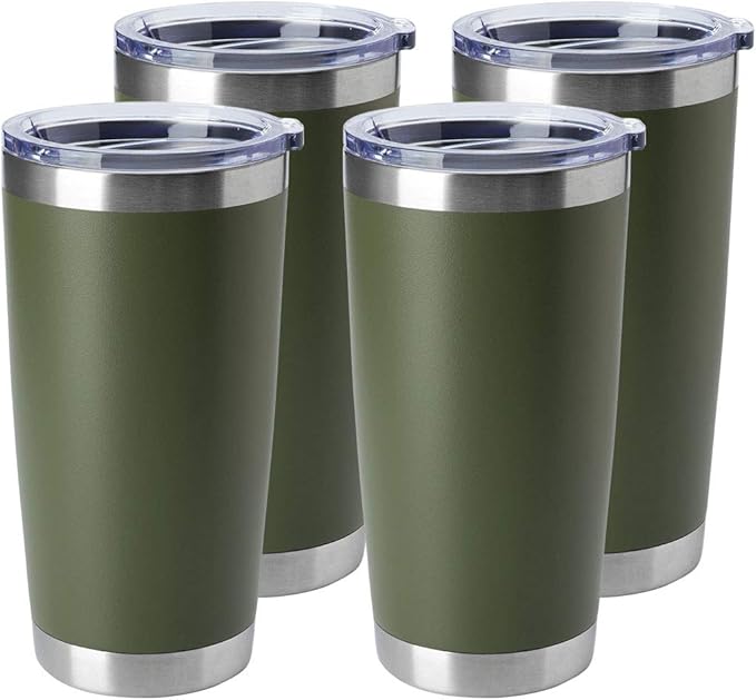HASLE OUTFITTERS 20oz Stainless Steel Tumblers Bulk, Insulated Travel Cup with Lid, Double Wall Vacuum Coffee Mug for Cold & Hot Drinks 4 Pack, Army Green