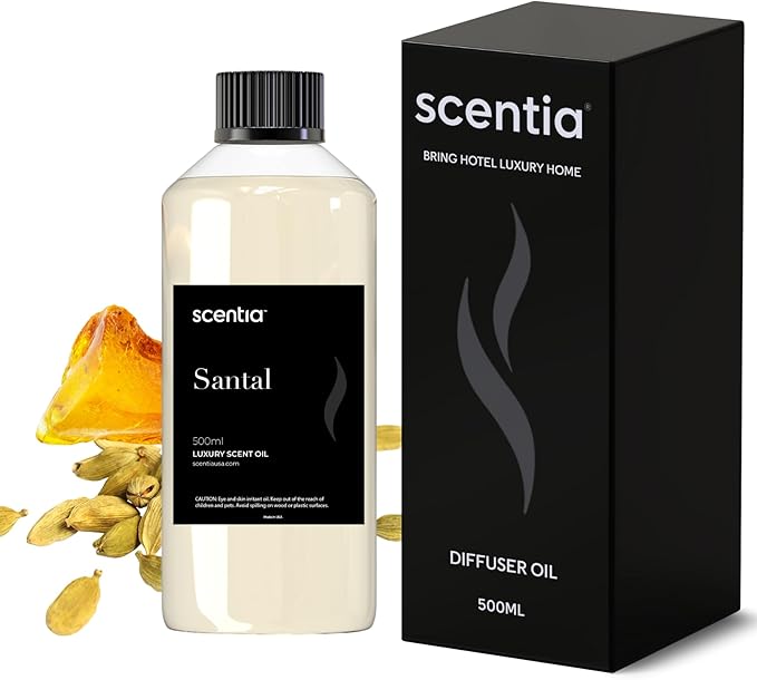 Scentia Santal Diffuser Oil 500ml – Luxury Santal-Inspired Oil – Cedarwood, Amber, Musk, Vanilla – Essential Oil Blend for Large Rooms, Cold-Air Diffusers, HVAC & Ultrasonic Use Scentia
