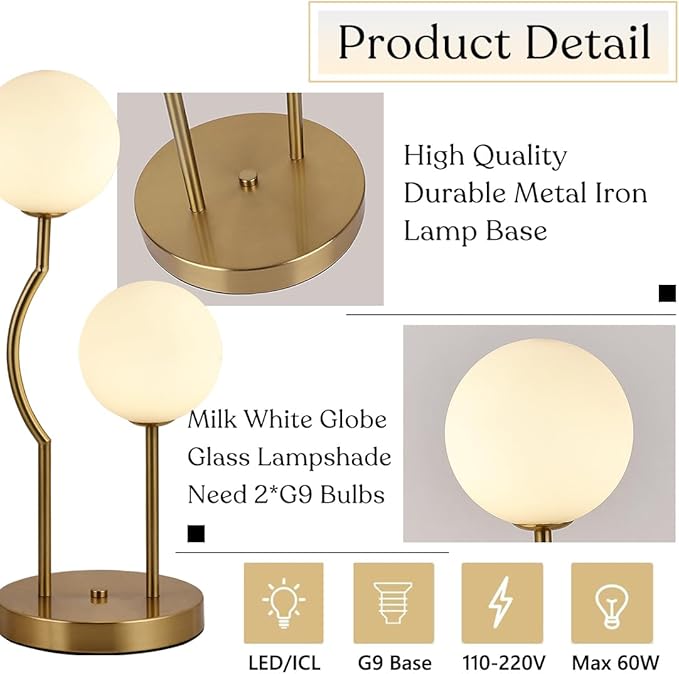 Mid Century Gold Globe Table Lamp 2-Light Orb Modern Beside Desk Table Light with Milk White Glass Shade Metal Base Nightstand Lamp for Bedroom Bedside - Bloomnest
