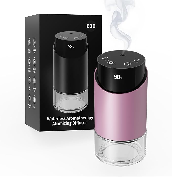 Waterless Essential Oil Diffuser Aromatherapy Scent Diffusers for Home Large Room, Car, Office, Desk, Mini Battery Operated Cordless Air Freshener, 4 Timers & 3 Mist Levels, 100ml Capacity (Pink) - Bloomnest