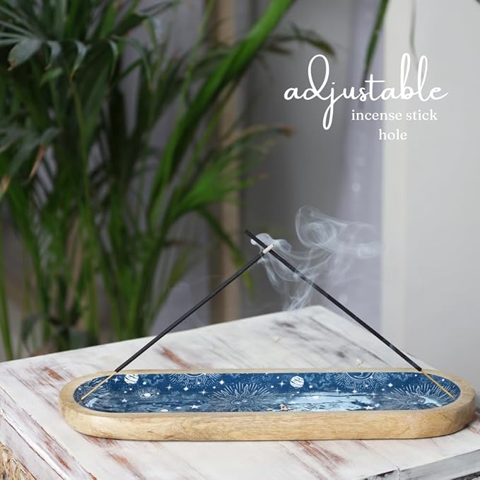 The Art Box Hand-Painted Incense Burner Holder Dark Blue - 12x4x1 inch Wooden Long Incense Stick Tray Holder for Modern Gift, Ash Catcher Incense Stick Holder - Meditation & Yoga - Bloomnest