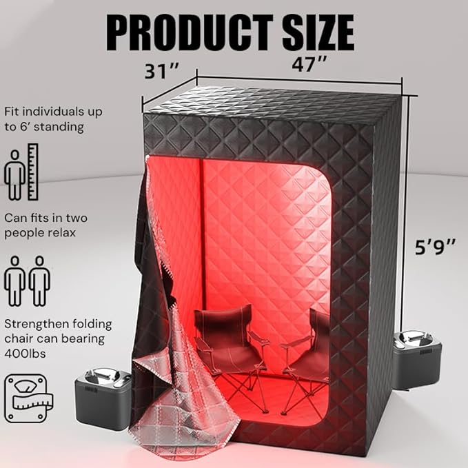 2 Person Portable Steam Sauna for Home with Two Red Light Therapy Panels Full Body Home Spa (Black) Bloomnest