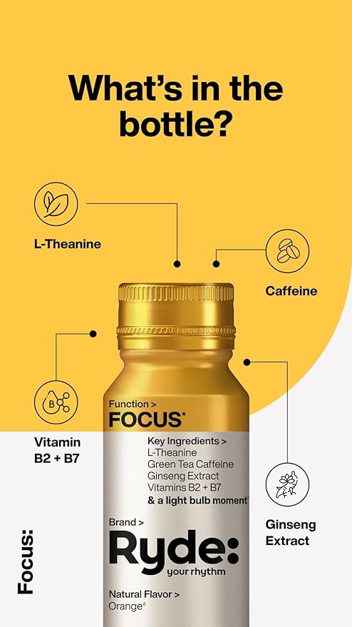 Ryde: Discovery Pack | Energize, Focus & Relax Shots | Green Tea Caffeine, Taurine, Ginseng, B Vitamins, L-Theanine, Lemon Balm, Chamomile | 0 Calories, 0 Sugar | Variety Pack – Try Them All (24 Pack) - Bloomnest