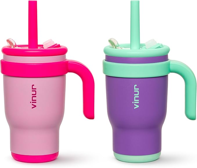 VINUR Kids Insulated Tumbler with Handle and Straw Lid | Spill Proof | Leak Resistant | 14 oz Stainless Steel Double Wall Vacuum Tumbler Travel Water Cup, Gift for Girs (Purple Pink-Purple) - Bloomnest