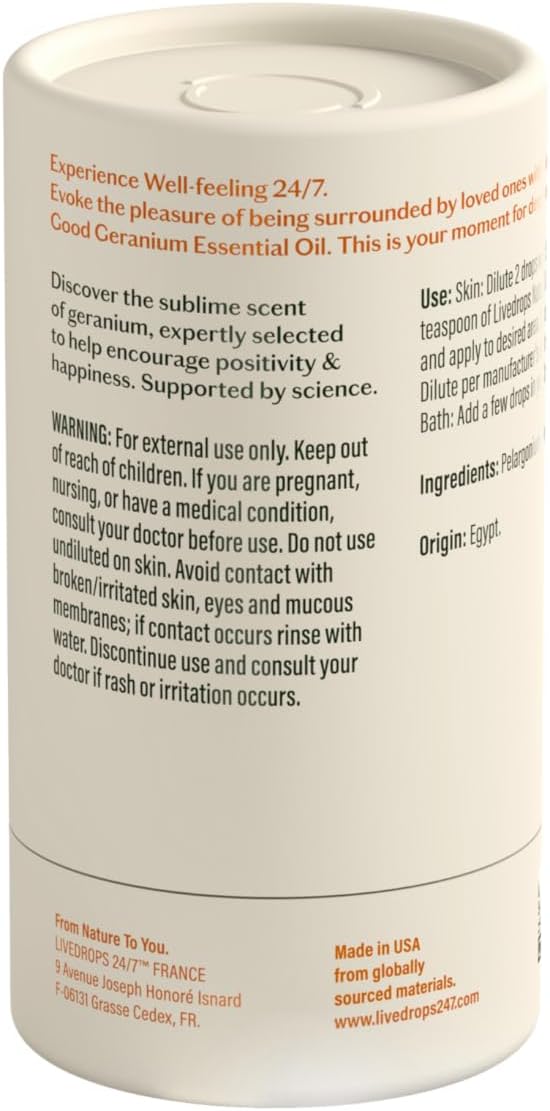 LIVEDROPS 24/7 Good Geranium Essential Oil, Natural Vegan Aromatherapy for Diffuser or Diluted Skin Use, Rosy Floral Scent, Origin Egypt, Made in USA, Clinically Tested, 10ml - Bloomnest