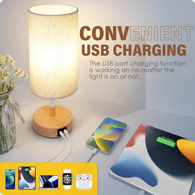 Yarra-Decor Bedside Lamp with USB A+C Port - Touch Control Table Lamp for Bedroom Wood 3 Way Dimmable Nightstand Lamp with Round Flaxen Fabric Shade for Home Office (LED Bulb Included) - Bloomnest