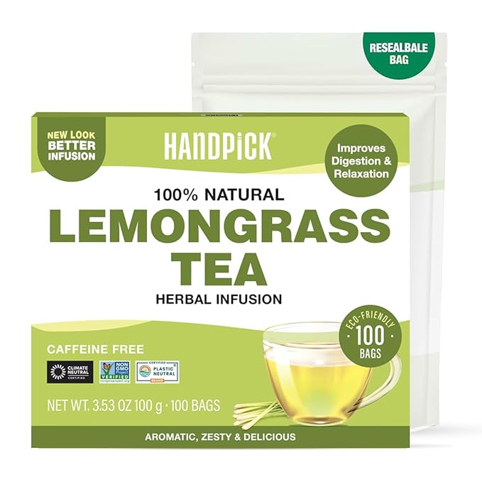 HANDPICK, Lemongrass Tea Bags (100 Count) Non-GMO, Caffeine Free - Quality Lemongrass Herbal Tea- Eco-conscious Round Tea Bags | Brew Hot or Iced Tea - Bloomnest