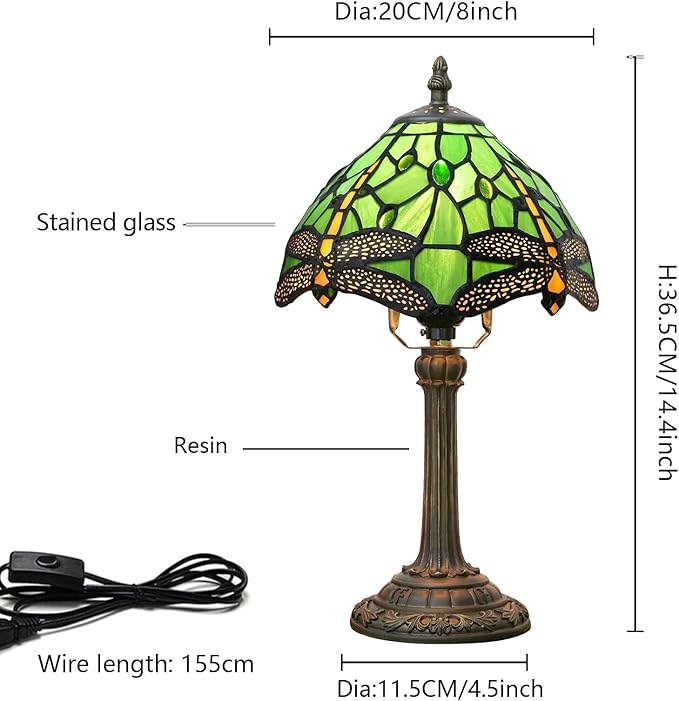 Tiffany Lamp Green Dragonfly Stained Glass Table Lamp 8X8X14 Inches Green Dragonfly Style Desk Reading Light Decor Beside Bedroom Living Room Home (H1057-Green Dragonfly) - Bloomnest