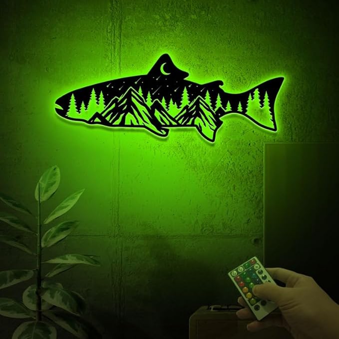 Personalized Neon Sign, Bass Fish Mountain Metal Wall Art Led Light, Fishing Gifts for Men, Gift for Dad, Fish and Trees Sign, Cabin Lodge Decor, Fisherman Gift - Bloomnest