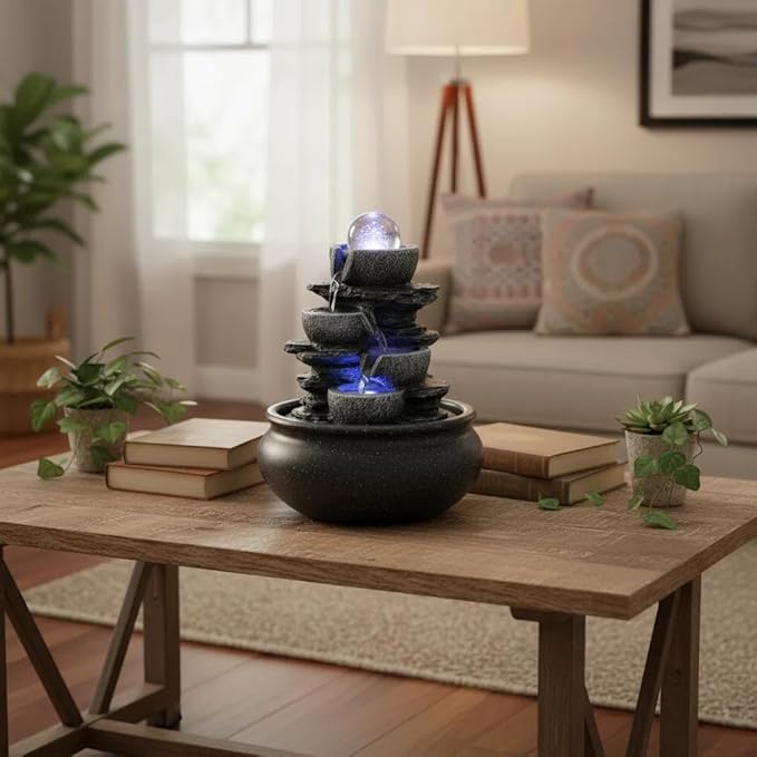 Tabletop Fountain Indoor Waterfall Meditation Fountain,Desktop Water Feature with LED Light for Home Office Bedroom Relaxation (26002) - Bloomnest