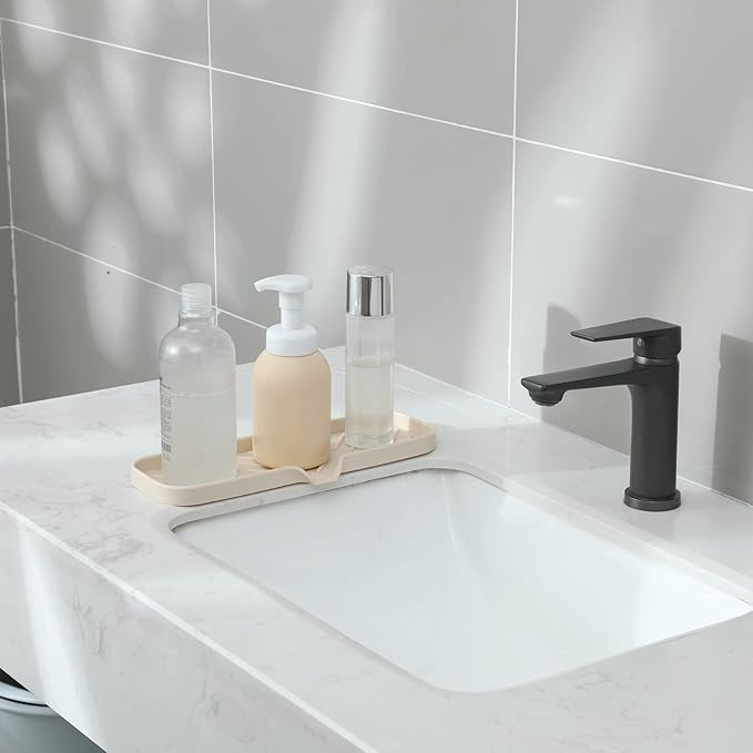 Silicone Bathroom Soap Dishes with Drain Spout-Bathroom and Kitchen Sink Organizer,Sponge Holder,Dish Soap Tray,Perfect for Dispenser,Scrubber,Bottle,Cup on Sink or Counter-Tapioca 12"×4" - Bloomnest