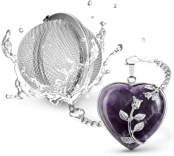 Tea Infuser Tea Strainers for Loose Tea Amethyst Crystal Heart Pendant Tea Filter Infinity Love Heart Handmade Gemstone Tea Ball with Extended Chain Hook for Brew Fine Loose Tea Gift