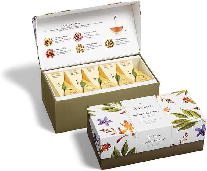 Tea Forte Herbal Retreat Premium Tea Presentation Box Tea Gift Sampler, 20 Count, 2 of Each Variety Individually Wrapped Handcrafted Pyramid Infuser Bags - Bloomnest