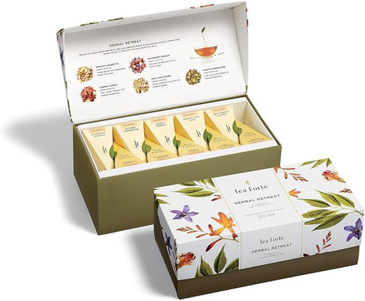 Tea Forte Herbal Retreat Premium Tea Presentation Box Tea Gift Sampler, 20 Count, 2 of Each Variety Individually Wrapped Handcrafted Pyramid Infuser Bags - Bloomnest