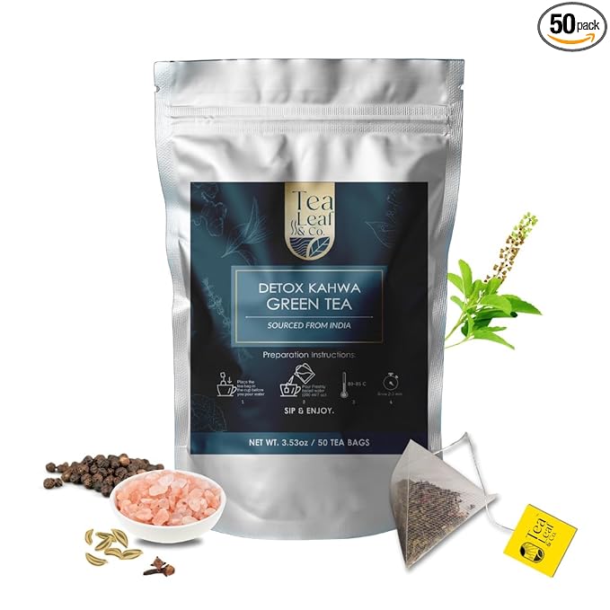 Tea Leaf & Co. Detox Kahwa Green Tea Bags (50 Count), Green Tea with Ginger, Tulsi & Rock Salt, Caffeinated, Natural Green Tea, Blended with Fresh Herbs and Spices, Gluten Free - Bloomnest