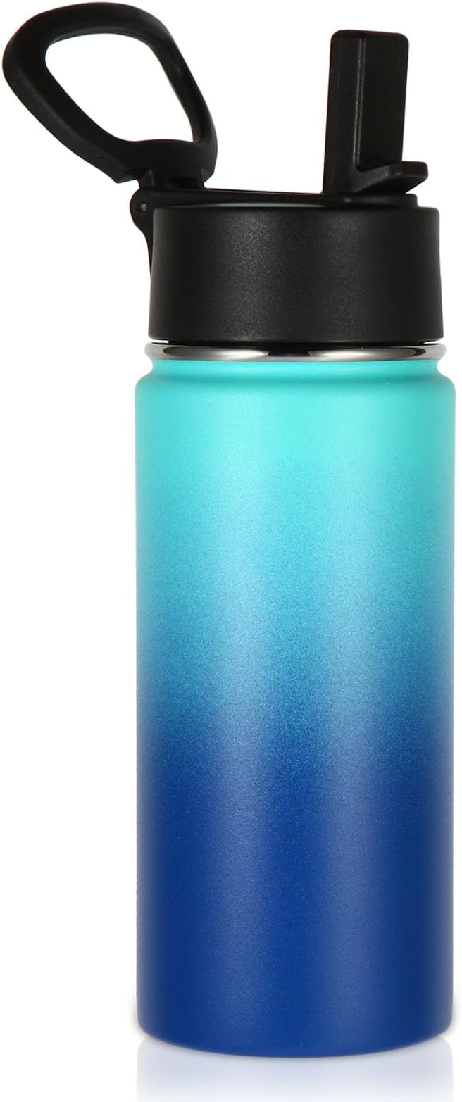 Volhoply Kids Insulated Water Bottle with Straw,16oz Stainless Steel Cold Water Bottles for School,BPA-Free Metal Wide Mouth Cups with Handle,Reusable Double Wall Vacuum Sport Flask(Green Blue,1) - Bloomnest