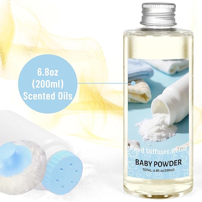 STRN Reed Diffuser Refill, Baby Powder Scented Reed Diffuser Set, 200ml with Sticks, Long-Lasting Aromatherapy, Home Fragrance for Bedroom, Spa, Bathroom, Office - Bloomnest