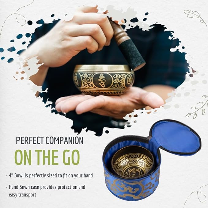 Tibetan Singing Bowl Set with Fabric Gift Case - Sound Bowl Meditation Set - Meditation Bowl - Handcrafted in Nepal - Sound Healing Instrument - For Sound Bath, Reiki Supplies, Meditation Accessories