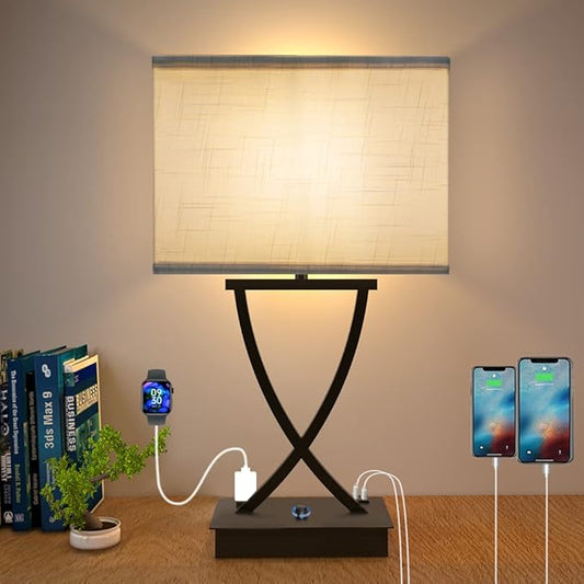 Fully Dimmable Medium Table Lamp for Bedroom with Type C/USB Charging Port and 1 AC Outlet White Shade 21.38" Bedside Nightstand Lamp for Bedroom Living Room Office and Hotel Bulb Included - Bloomnest