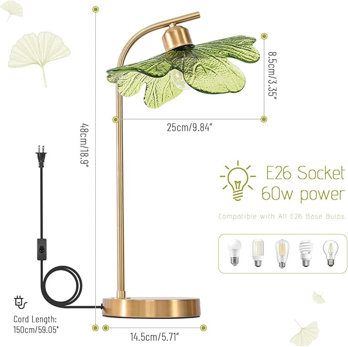 Glass Table Lamps Mid Century Modern Table lamp Gold Desk lamp tall table lamp nightstand lamp touch Table lamp with Green Flower Design Bedside Table Lamp for end table Bedroom Living Room Office - Bloomnest