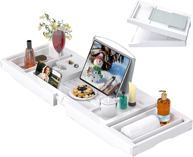 Bathtub Caddy Tray for Tub,Foldable Bath Table Trays,Bamboo Shelf with Book and Wine Glass Holder,Bathroom Accessories Suitable for Luxury Spa or Reading,White - Bloomnest