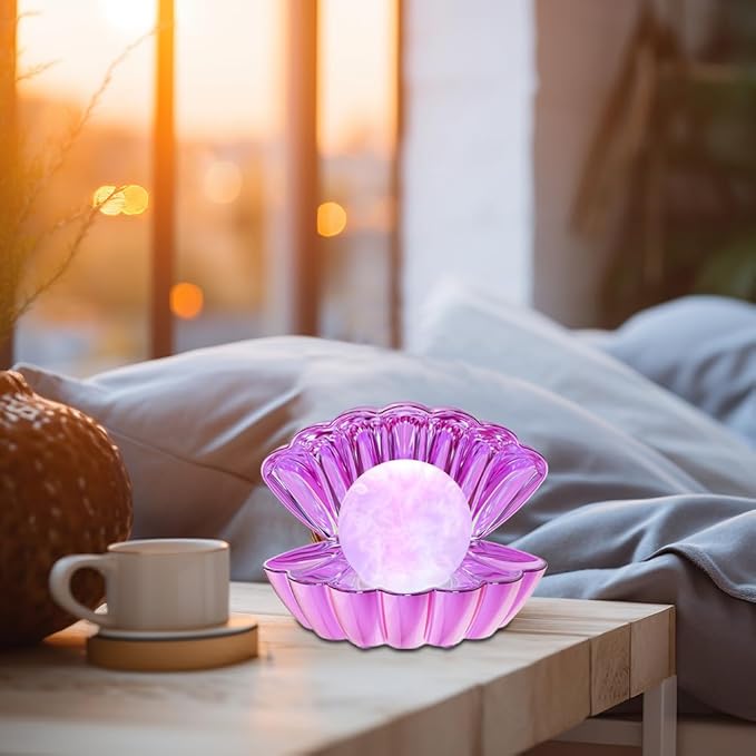 Shell Pearl Beach Themed Night Light, RGB 8 Colors Changing Mood Shell Pearl Lamps, Bedside LED Clamshell Portable Night Lights for Bar (Electroplating Purple) - Bloomnest