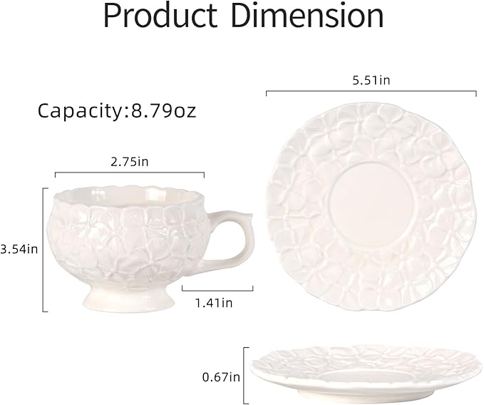 KAMMAK Tea Cups and Saucers Set of 2, Porcelain Coffee Cups, 8.5-Ounce Stackable Espresso Mugs, Ceramic Demitasse for Coffee, Latte, Americano, Tea, White Flower - Bloomnest