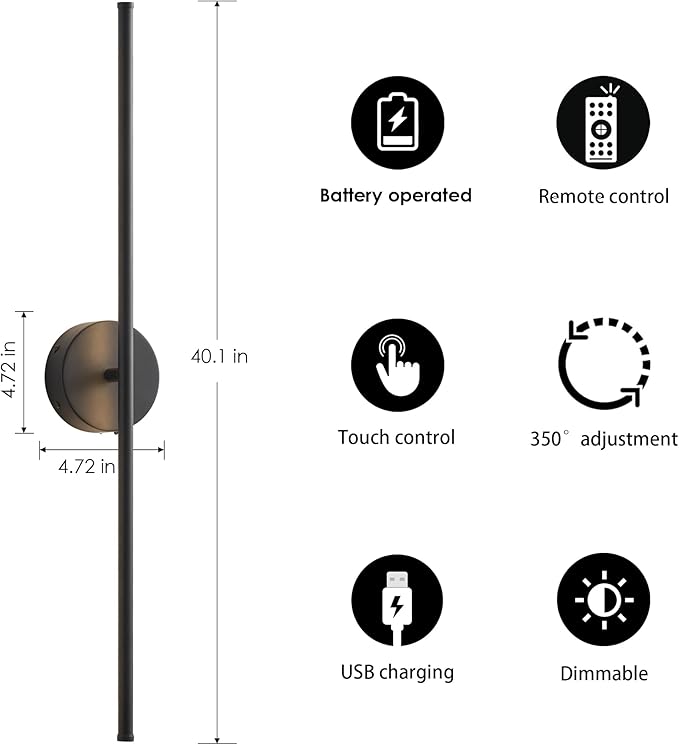 Battery Operated Wall Sconces, Dimmable Wall Sconces Set of Two, 350°Rotate, 3000K LED Black Wireless Wall Light for Living Room, Bedroom,Hallway, 40.1 Inch (2 Pack) - Bloomnest